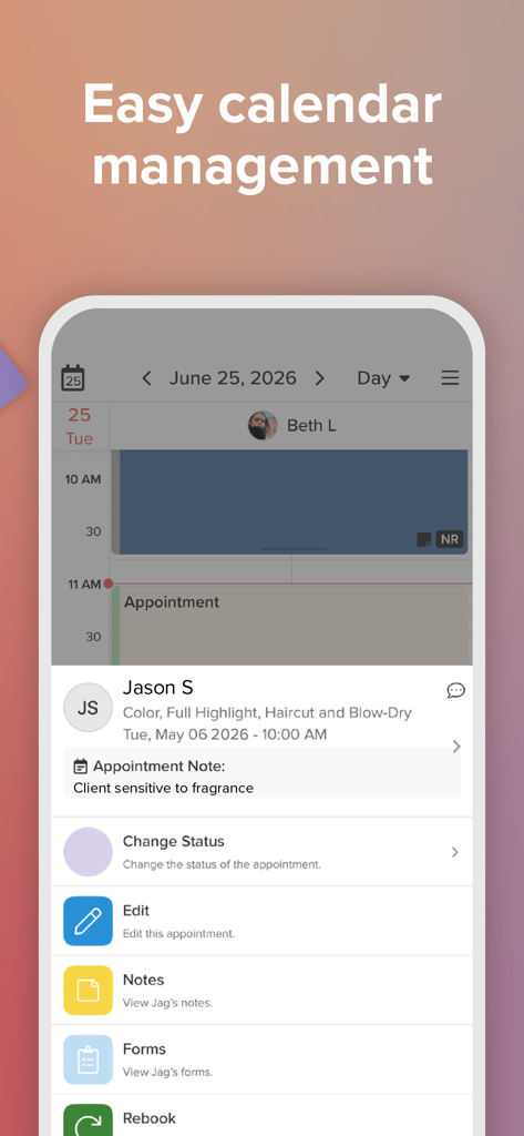 Vagaro Pro mobile app interface showing easy calendar management with client appointment details and notes.