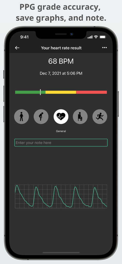 Heart rate measurement showing 68 BPM with a real-time pulse wave graph and activity tags