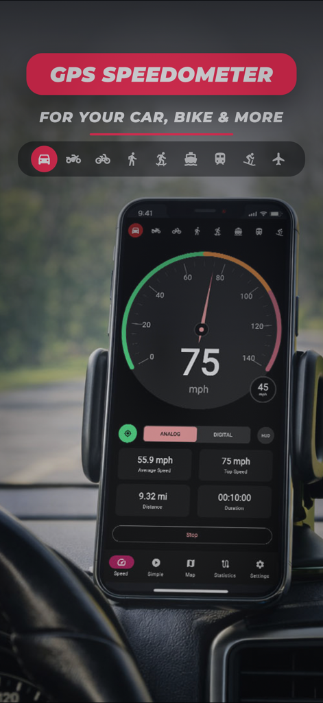 Speedometer MPH - 車のダッシュボードマウントに装着されたiPhone、75mphのリアルタイムGPSスピードメーターを表示