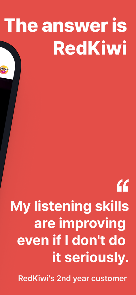 A testimonial from a RedKiwi user about improving English listening skills through casual use