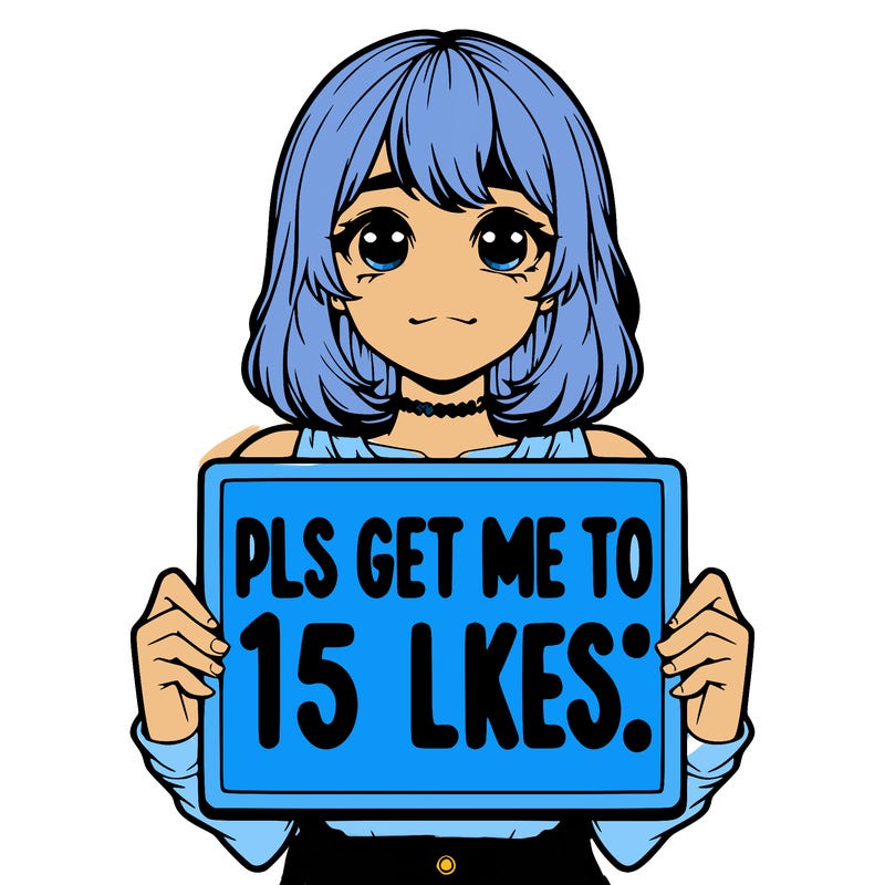 realistic girl holding up a sign that says “pls get me to 15 likes!”