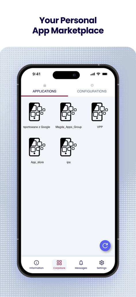 Essentials MDM - Essentials MDM interface showing the corporate app marketplace with business applications for enterprise users