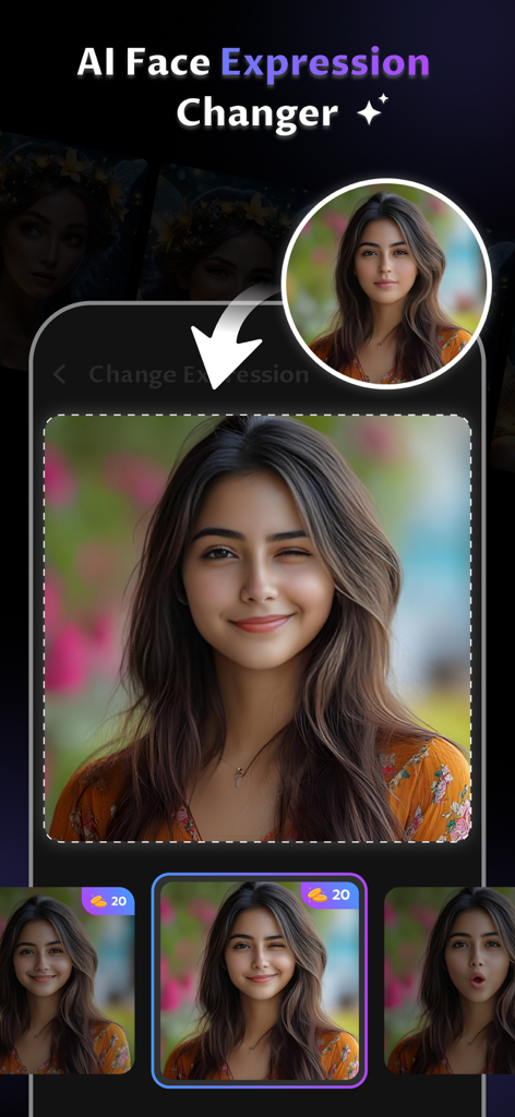 KI-Fotobearbeitungs-App-Oberfläche, die zeigt, wie der Gesichtsausdruck einer jungen Frau von einem neutralen Look zu einem Zwinkern geändert wird.