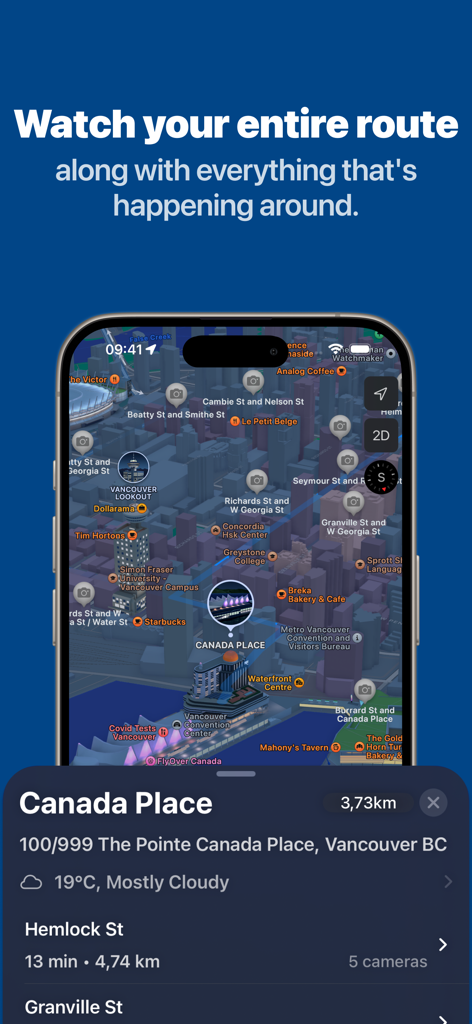 Map interface of the British Columbia Road Cameras app displaying live camera locations and weather in Vancouver.