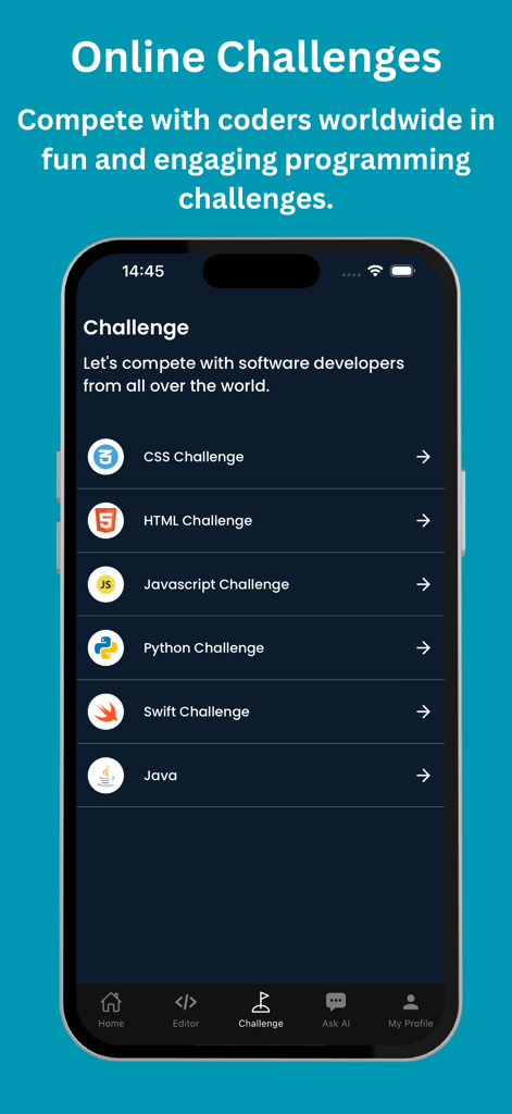 Learn Swift - Swift Playground - Swift Python JavaScriptを含む複数のプログラミング言語のオンラインコーディングチャレンジを表示するSwift Academyアプリ画面。