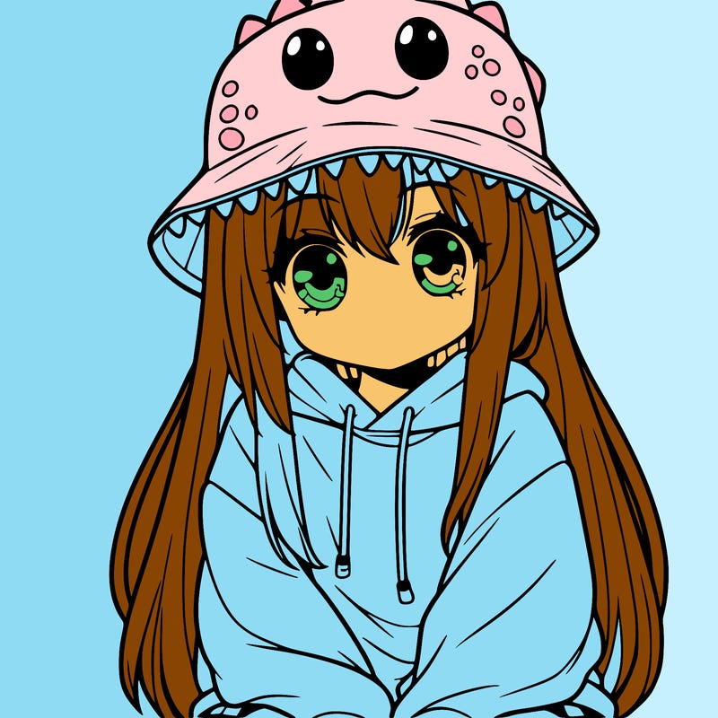 girl with anime shaped eyes with a dinosaur bucket hat oversized sweatshirt long straight hair