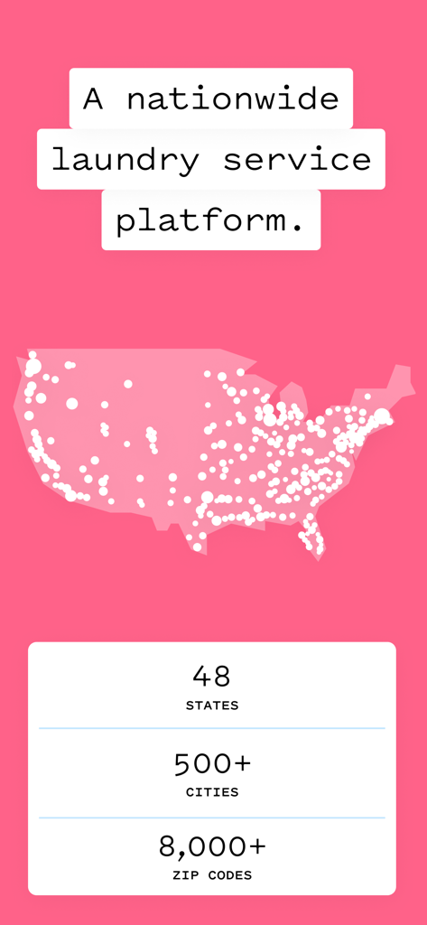 Poplin: Laundry Service - アメリカの地図。Poplinのランドリーサービスが48州、500以上の都市で利用可能であることを強調している。