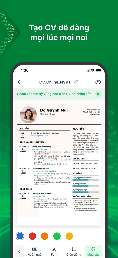 TopCV - Tìm Việc làm phù hợp - TopCV app interface showing a professional Vietnamese resume being edited on a smartphone