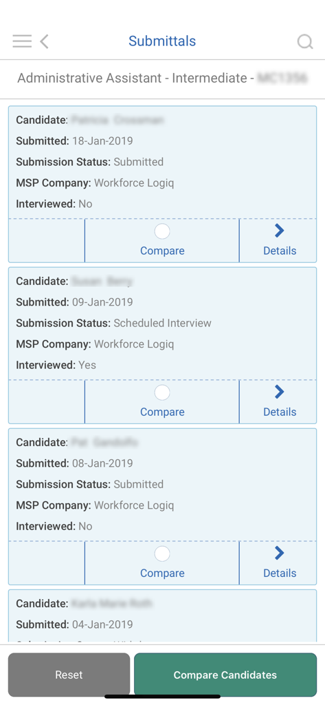 Workforce Logiq Mobile app screen displaying a list of candidate submittals for a job role with options to compare candidates