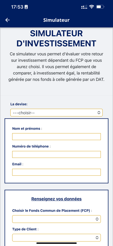 NSIA INVEST - Investment simulator screen in the NSIA INVEST app showing fields for user information and mutual fund selection