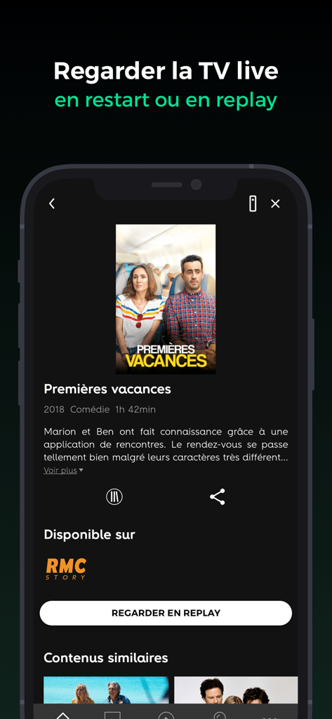 Oberfläche der RED TV-Mobil-App, die Filmdetails und die Option zum Ansehen im Replay anzeigt