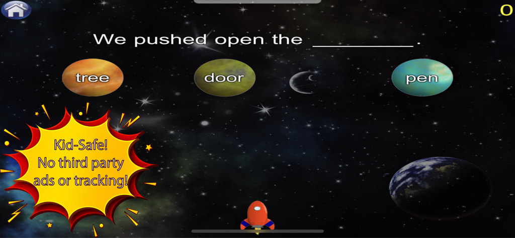 Educational reading game for kids with a space theme showing a fill in the blank sentence exercise