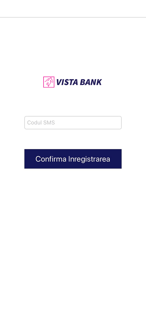 Vista Bank 3D Secure app registration screen with SMS code validation field