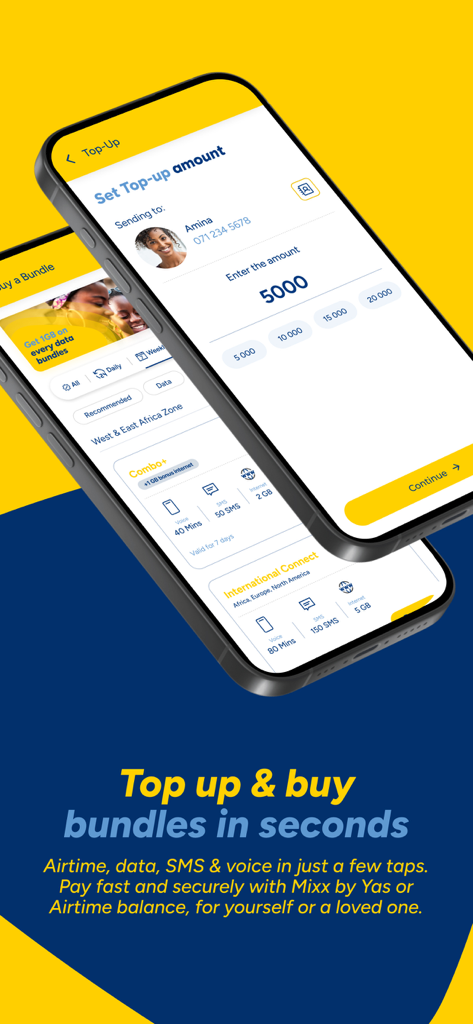 Two mobile screens from the Yas App showing how to top up airtime and buy data and voice bundles for users in Africa
