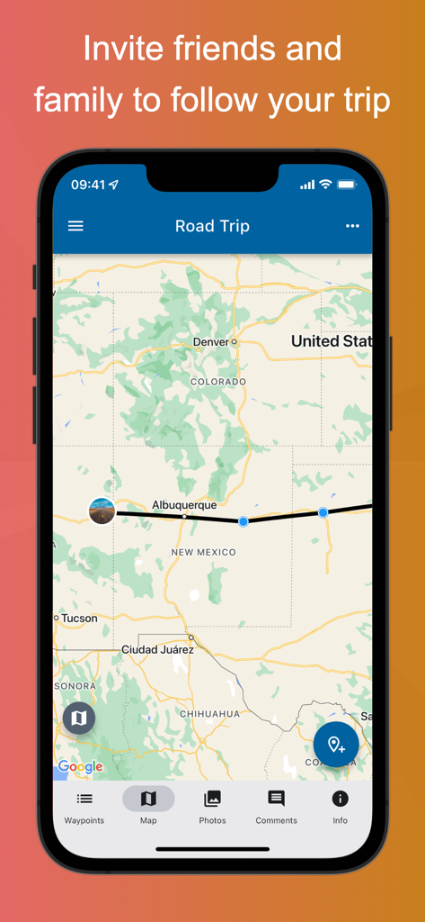 TrackMyTour app showing a road trip map with waypoints through Colorado and New Mexico