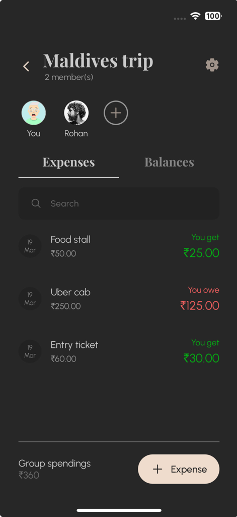 Splitz: Track & Split Expenses - Interfaz de la app Splitz que muestra gastos compartidos y saldos individuales para un viaje grupal a las Maldivas.
