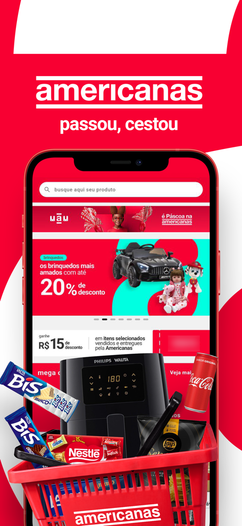 Americanas: Compras Online - Americanasモバイルアプリ画面、ショッピングの割引と食料品やおやつで満たされたバスケットを表示
