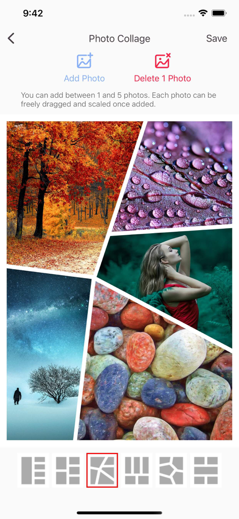 Photo Compress & Resize Images - Interface do aplicativo móvel para criar colagens de fotos personalizadas com vários modelos de layout