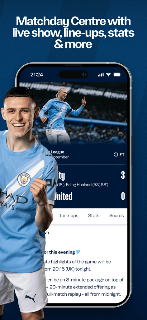 Manchester City Official App - Die offizielle Manchester City App Matchday Centre-Oberfläche mit Live-Ergebnissen und Spielstatistiken