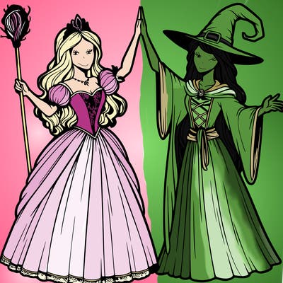 detailed realistic split of a princess and a witch