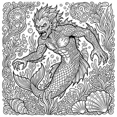 Unleash your creativity with this detailed Gilled Humanoid coloring page designed for adults. Immerse yourself in a world of monstrous merfolk and intricate aquatic patterns, perfect for mindful coloring.