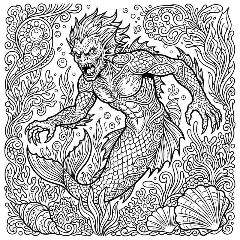 Unleash your creativity with this detailed Gilled Humanoid coloring page designed for adults. Immerse yourself in a world of monstrous merfolk and intricate aquatic patterns, perfect for mindful coloring.