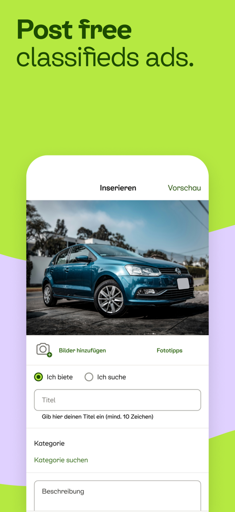 Kleinanzeigen - without eBay - Interfaz de la app Kleinanzeigen mostrando los pasos para publicar un anuncio clasificado gratuito de un vehículo.
