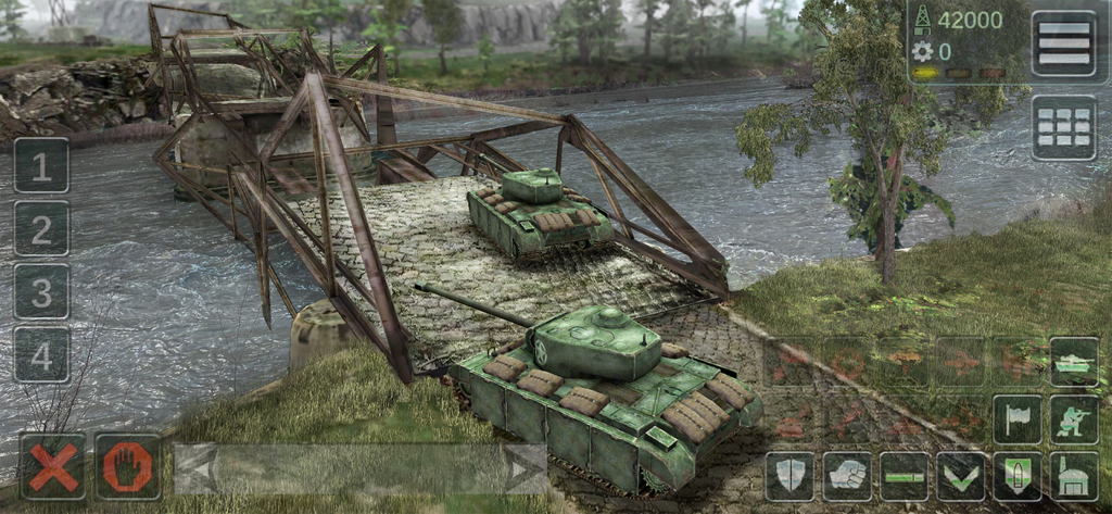 US Conflict — Tank Battles - Two green tanks crossing a metal bridge over a river in a strategic real-time battle scene.