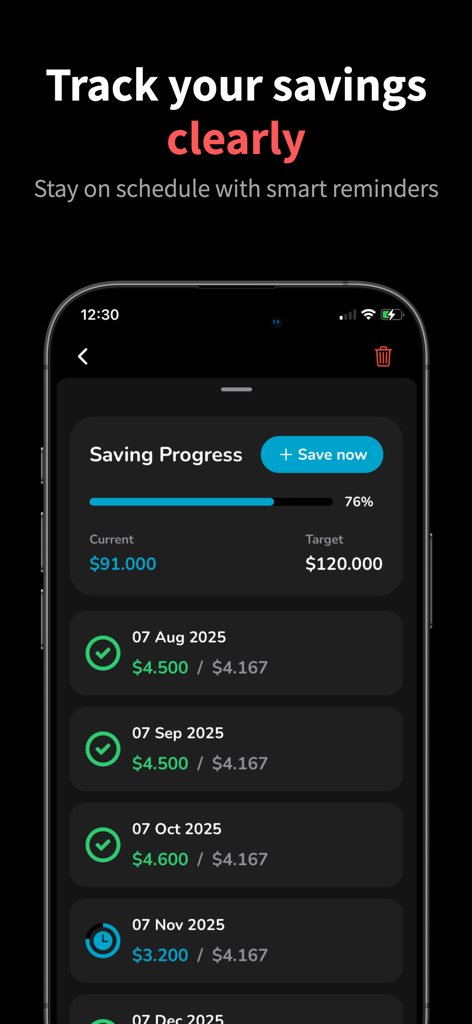 Saving Together - Una captura de pantalla de la aplicación Juntos Ahorrando que muestra una barra de progreso de meta de ahorro al 76 por ciento con una línea de tiempo detallada de pagos mensuales.