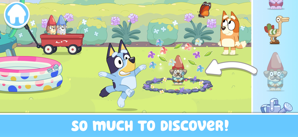 Bluey y Bingo jugando en su patio trasero con gnomos de jardín