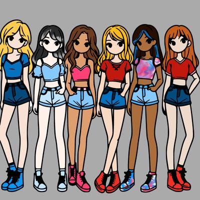 a group of girls wearing crop tops and shorts
