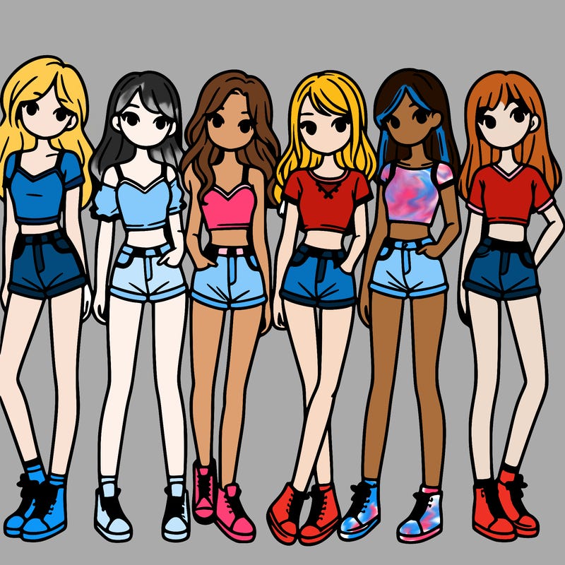 a group of girls wearing crop tops and shorts