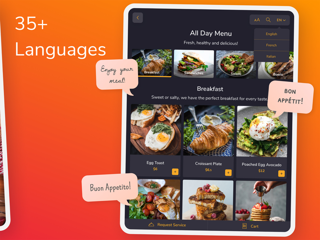FineDine Tablet Menu App - FineDine digital menu on a tablet featuring multilingual support and high quality food images