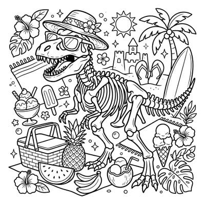 Get ready for a prehistoric summer blast with this unique T-Rex skeleton coloring page! Featuring your favorite dinosaur enjoying a sunny beach day filled with tropical delights and surf-ready fun.