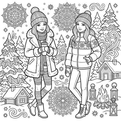 Embrace the magic of the season with this captivating coloring page featuring two fashion-forward girls amidst a charming winter wonderland. Perfect for a cozy creative escape, it offers intricate details of winter outfits and scenic elements to bring to life with your favorite colors.