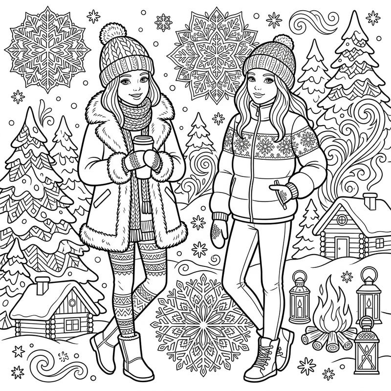 Embrace the magic of the season with this captivating coloring page featuring two fashion-forward girls amidst a charming winter wonderland. Perfect for a cozy creative escape, it offers intricate details of winter outfits and scenic elements to bring to life with your favorite colors.