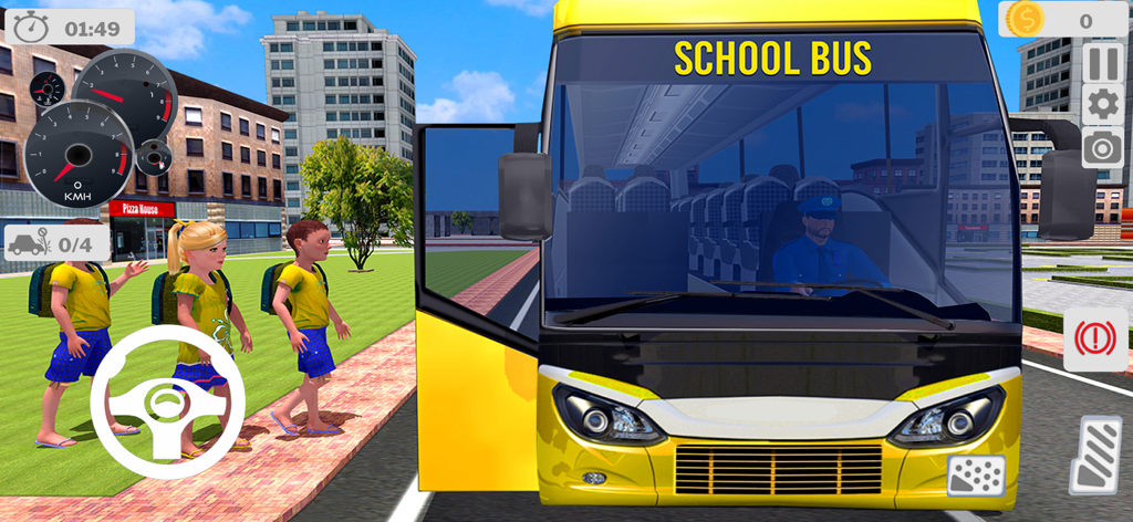 City School Bus Game 2024 - A yellow school bus stopping to pick up children in a city driving simulation game