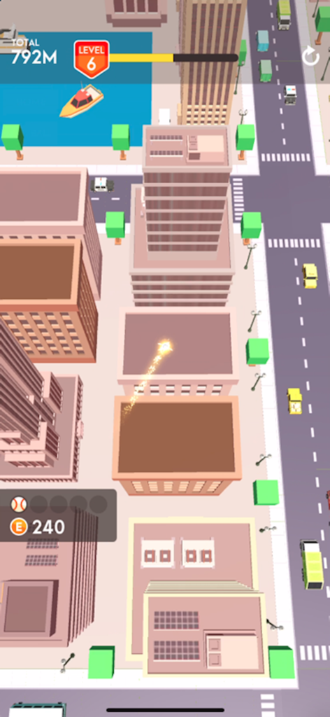 Kung Fu Ball! - BaseBall Game - A baseball with a glowing trail flies over a cartoon city in the Kung Fu Ball mobile game