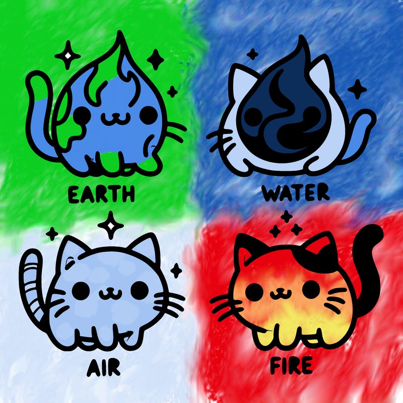 4 cats that represent the different elements, earth, water, air, and fire