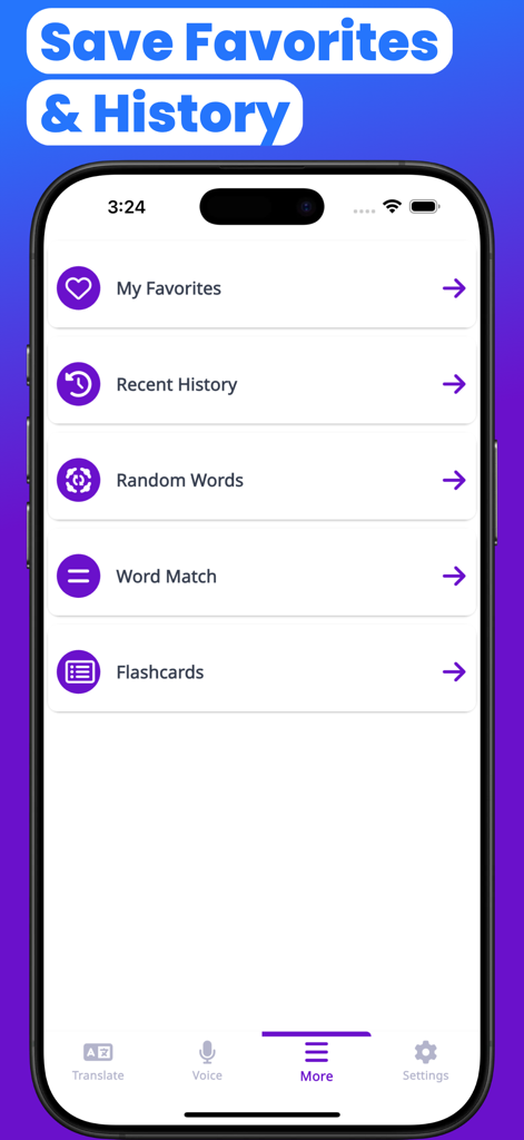 Menú de la aplicación de traducción Suajili-Inglés que muestra favoritos, historial y funciones de aprendizaje de idiomas como tarjetas de memoria.