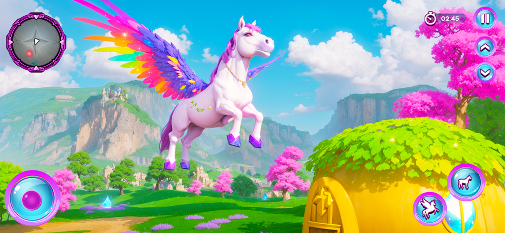 Pony Tales: Magical Realm - A white pegasus with rainbow wings flying in a vibrant magical landscape with pink trees and a castle.