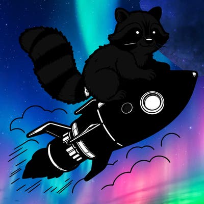 realistic raccoon flying on top rocket ship
