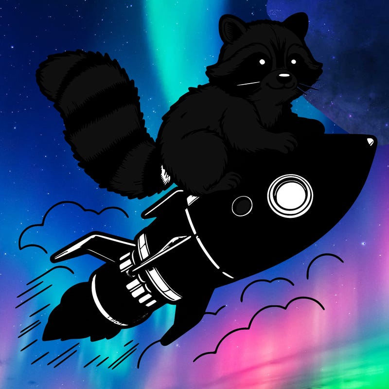 realistic raccoon flying on top rocket ship