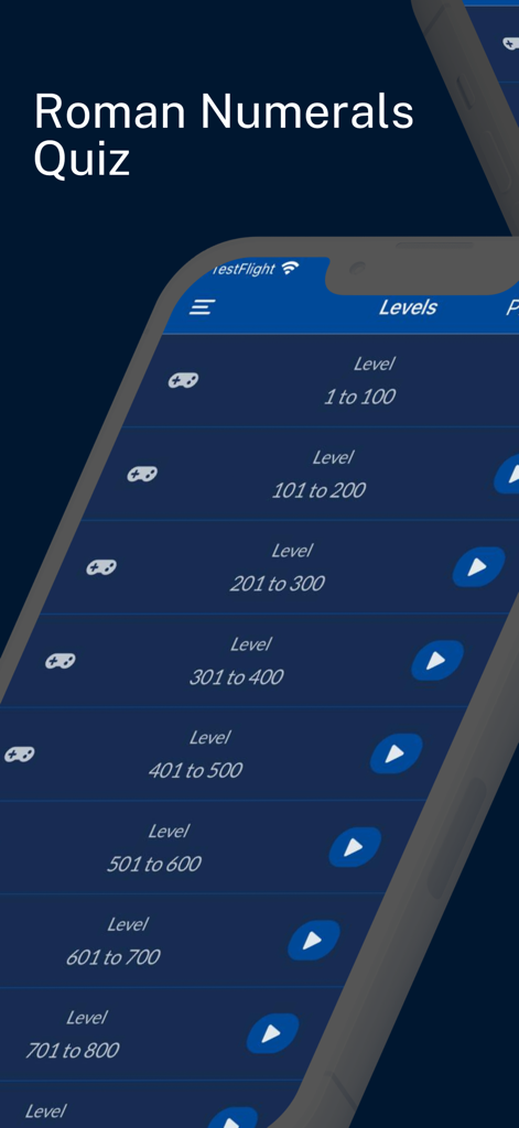 Roman Numerals Quiz: 1 to 1000 - Pantalla de selección de niveles en la aplicación Cuestionario de Números Romanos que muestra rangos numéricos del 1 al 800