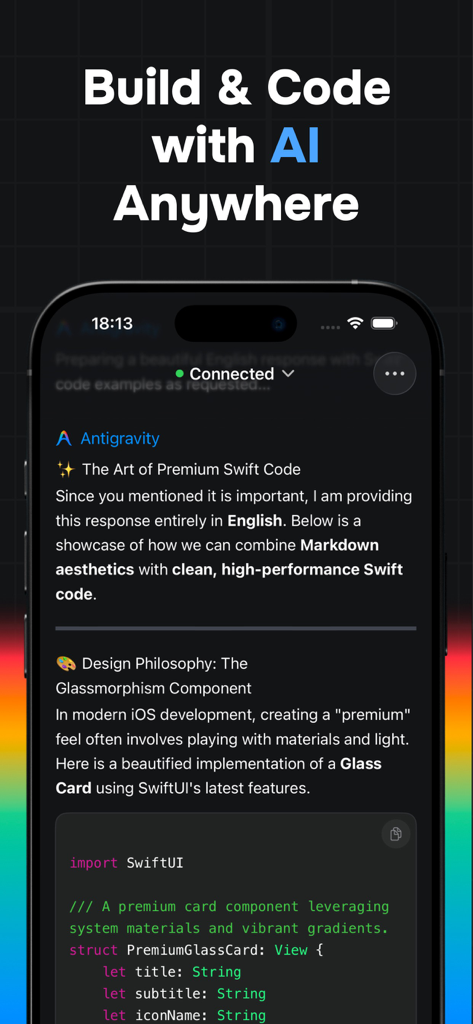 Mobile IDE for Antigravity AI - Antigravity AI mobile interface showing an AI agent generating SwiftUI code for a premium glass card component