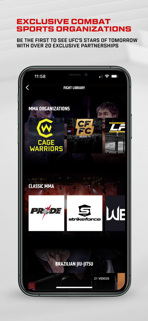 UFC app interface displaying the Fight Library with various MMA organizations and historic fight archives.