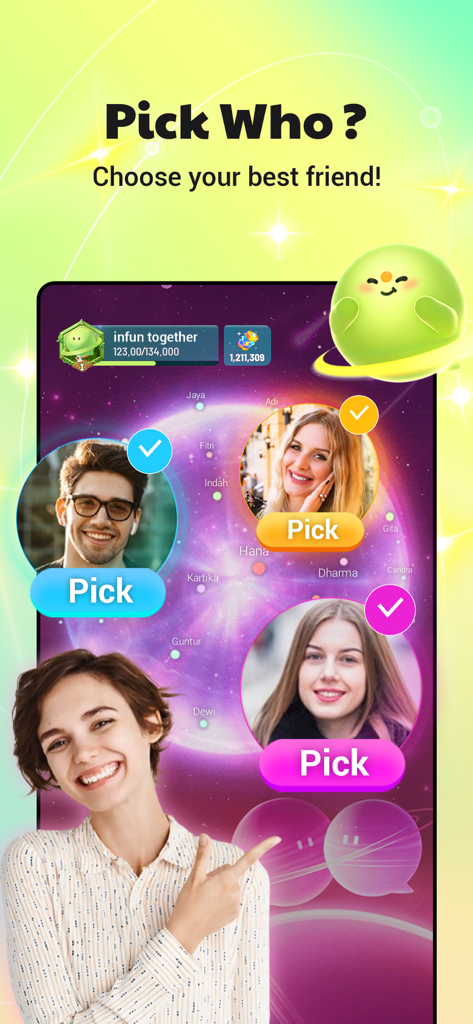 infun: Group Voice Chat Rooms - infunアプリのユーザーインターフェース。友達候補のプロフィール写真と、選択して接続するボタンが表示されています。