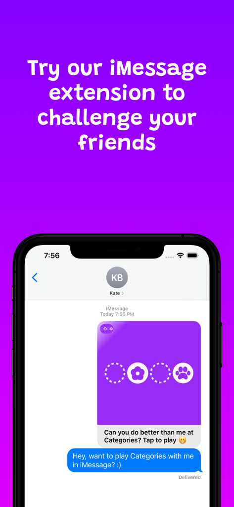 iMessage-Erweiterung des Spiels Categories, die eine soziale Herausforderung in einer Textunterhaltung zeigt