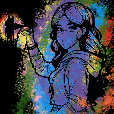 realistic girl with mask spray painting a wall