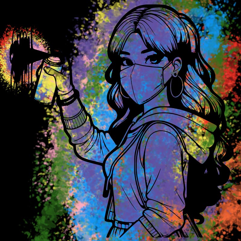 realistic girl with mask spray painting a wall